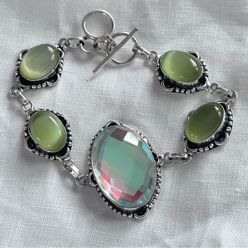 Artisan Handcrafted Bracelet CATS EYE Green Cabochons, Crystal Iridescent Center